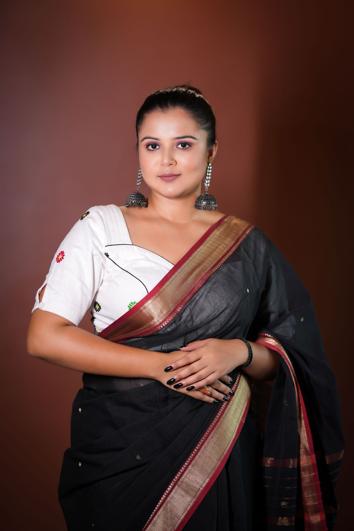 V- Neck Blouse with traditional Tiwa traditional pattern